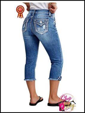 Mid Rise Capri Skinny Jeans Ripped Raw Hem Crop Denim